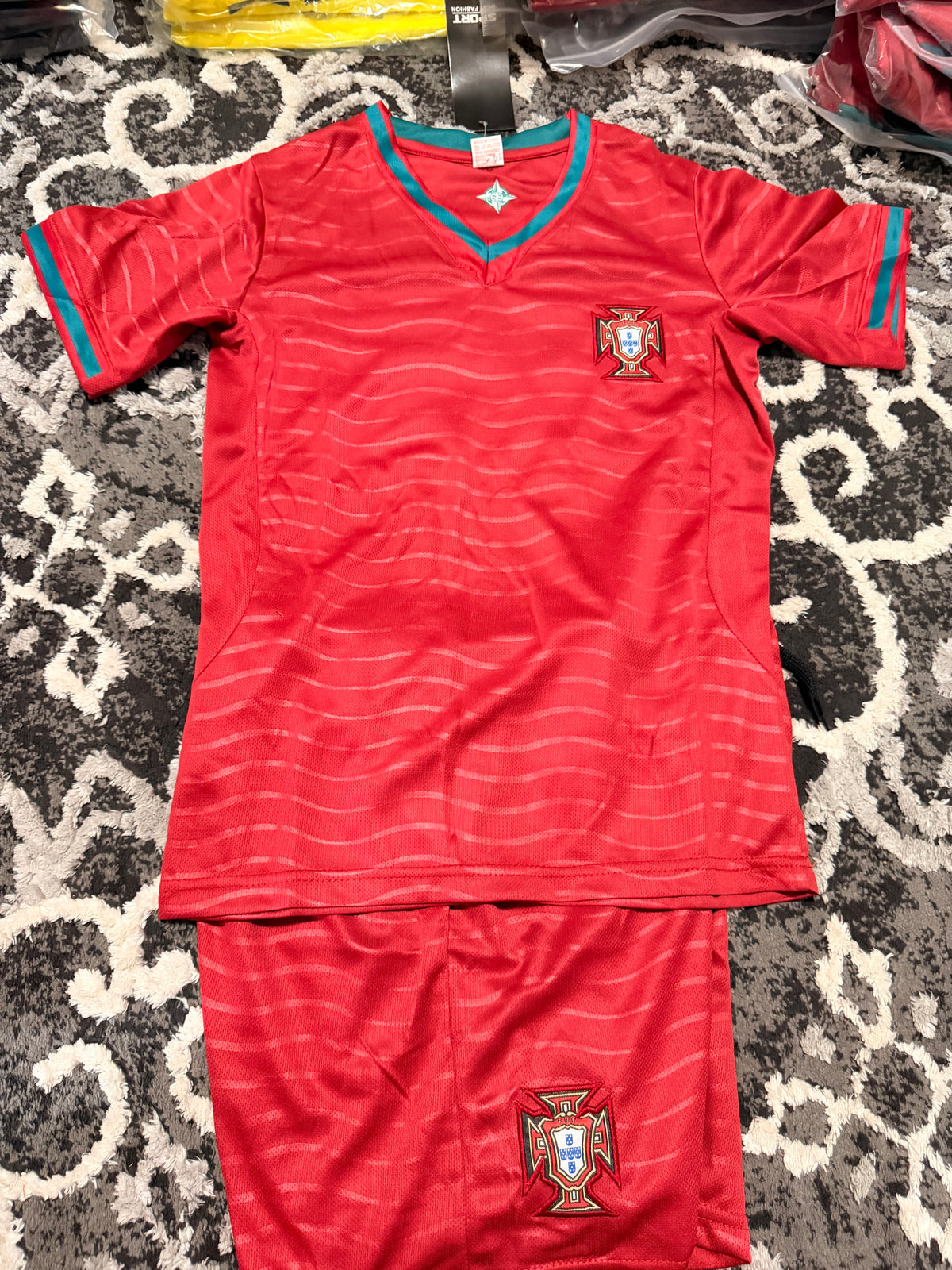 Kids Portugal Red Wave Fan Jersey & Shorts Kit