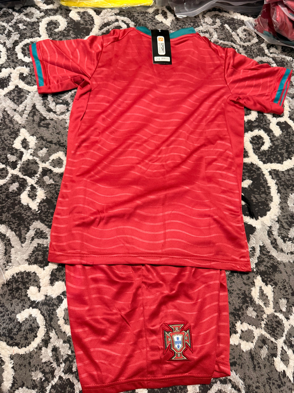 Kids Portugal Red Wave Fan Jersey & Shorts Kit