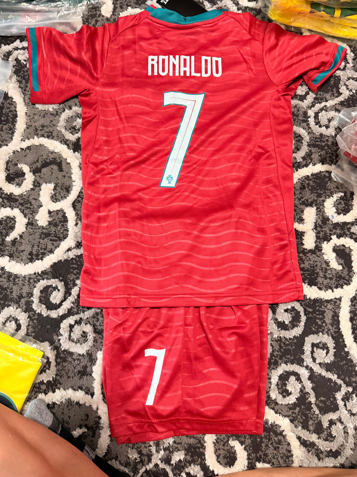 Kids Portugal Fan #7 Red Wave Soccer Uniform Set - Youth Jersey & Shorts Kit