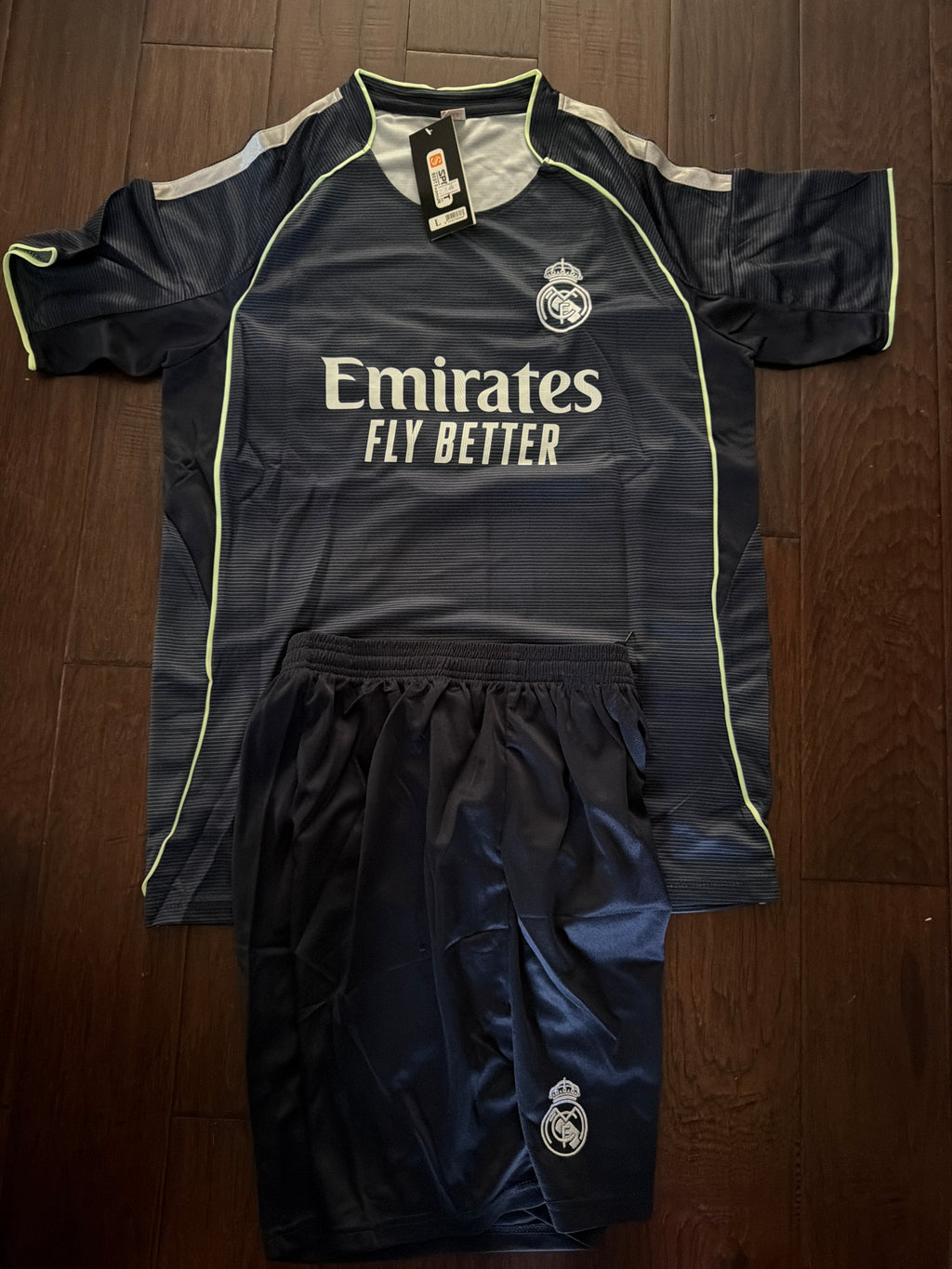 Adult Mbappé Real Madrid Away Fan Jersey Kit – Navy Blue, Pinstripe Edition
