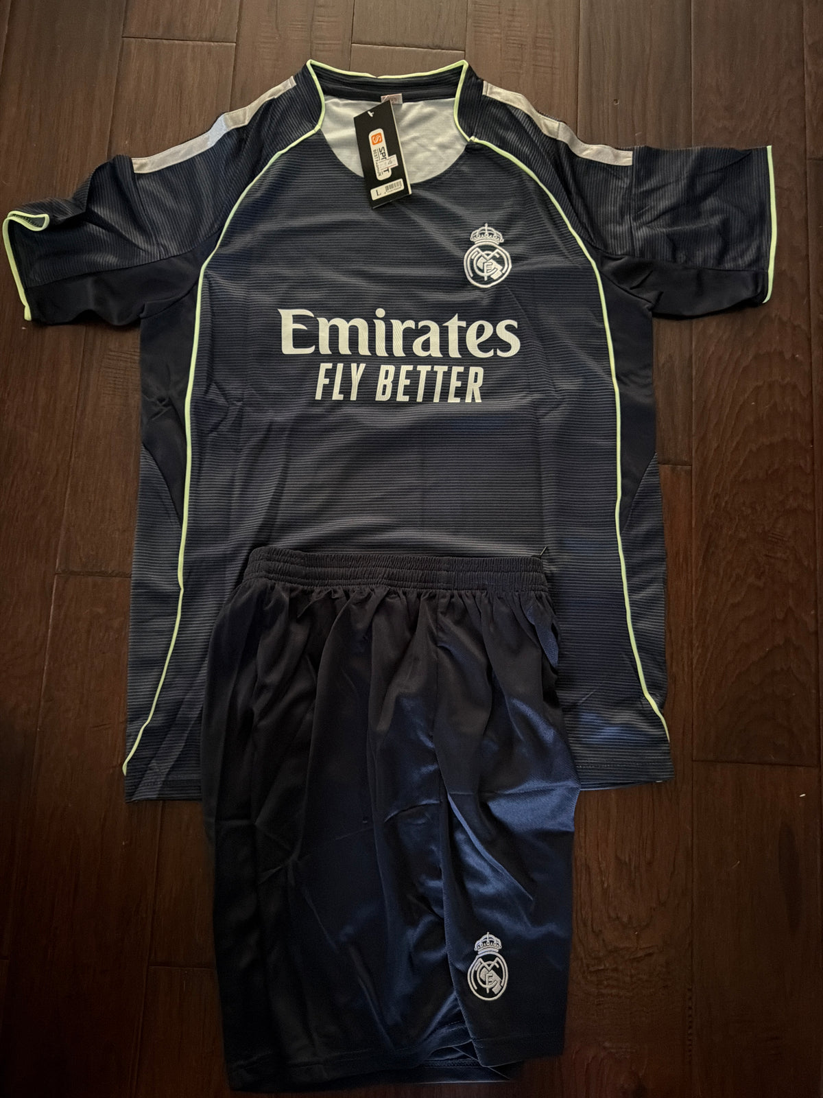 Adult Mbappé Real Madrid Away Fan Jersey Kit – Navy Blue, Pinstripe Edition