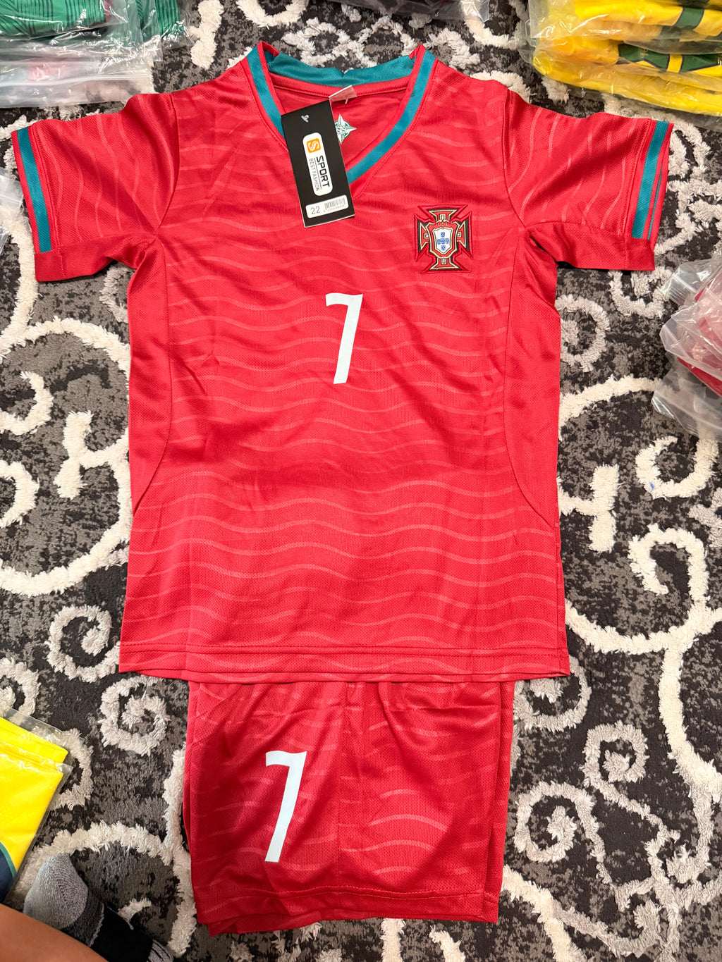 Kids Portugal Fan #7 Red Wave Soccer Uniform Set - Youth Jersey & Shorts Kit