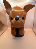 A glossy brown dog-shaped handbag